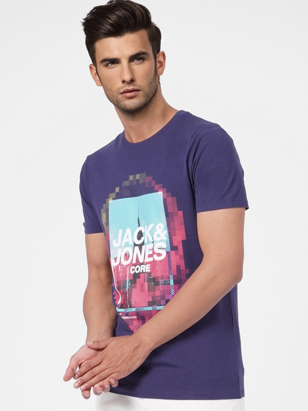 

Jack & Jones Men Navy Blue Printed Pure Cotton Slim Fit T-shirt