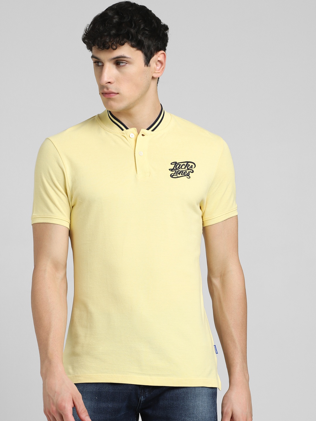 

Jack & Jones Men Yellow Printed Polo Collar Slim Fit Pure Cotton Casual T-shirt