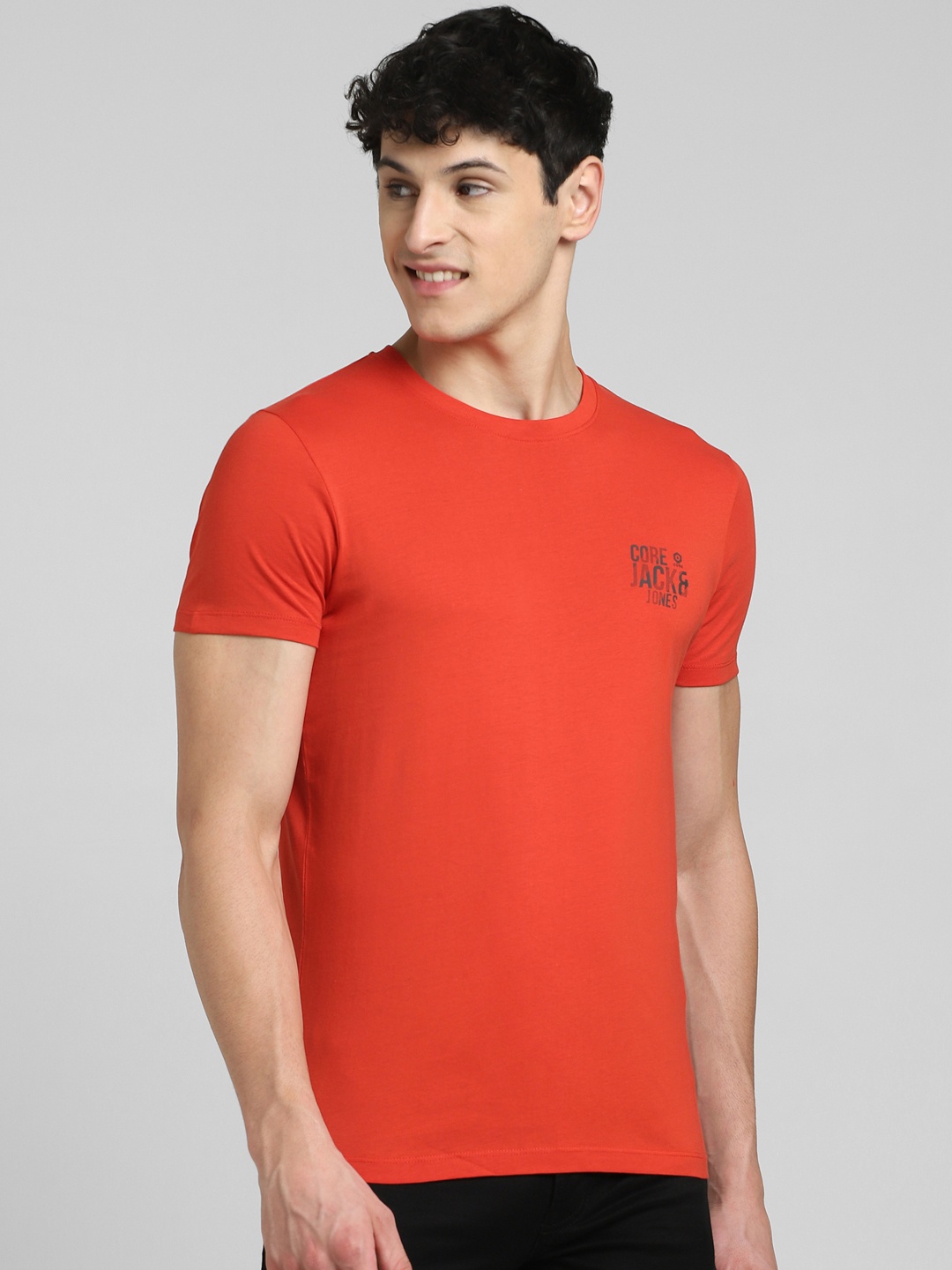 

Jack & Jones Men Red Brand Logo Printed Pure Cotton Slim Fit T-shirt