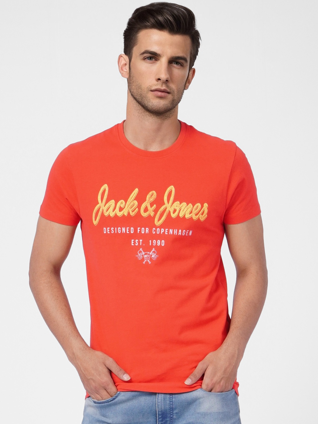 

Jack & Jones Men Orange Typography Printed Slim Fit Pure Cotton Casual T-shirt