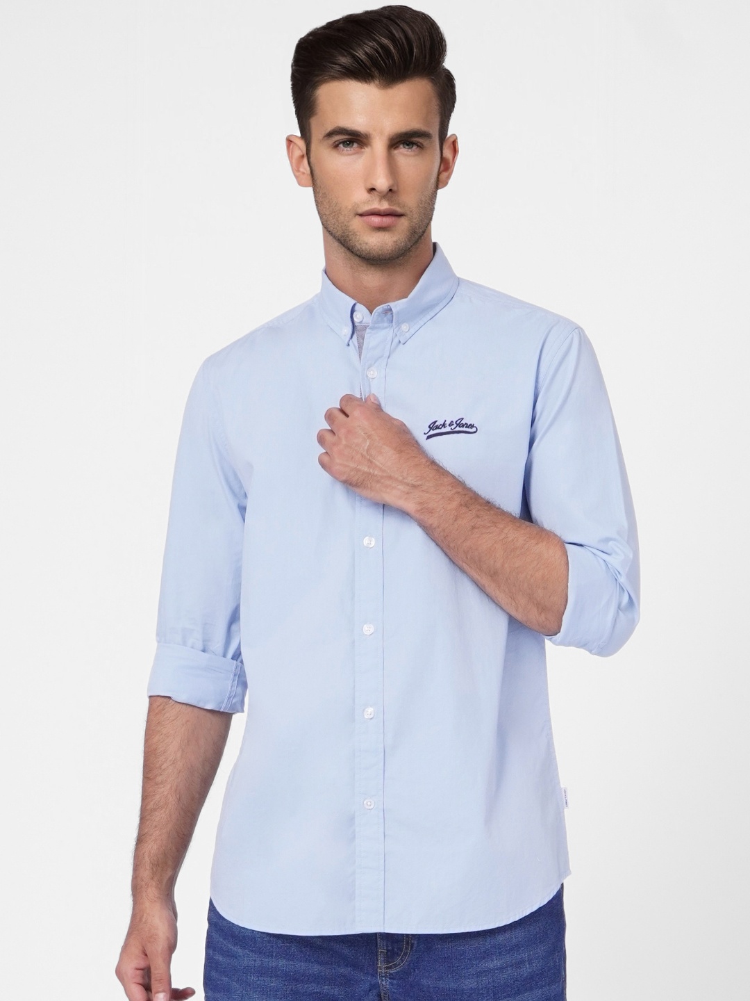 

Jack & Jones Men Light Blue Slim Fit Embroidered Slim Fit Pure Cotton Casual Shirt