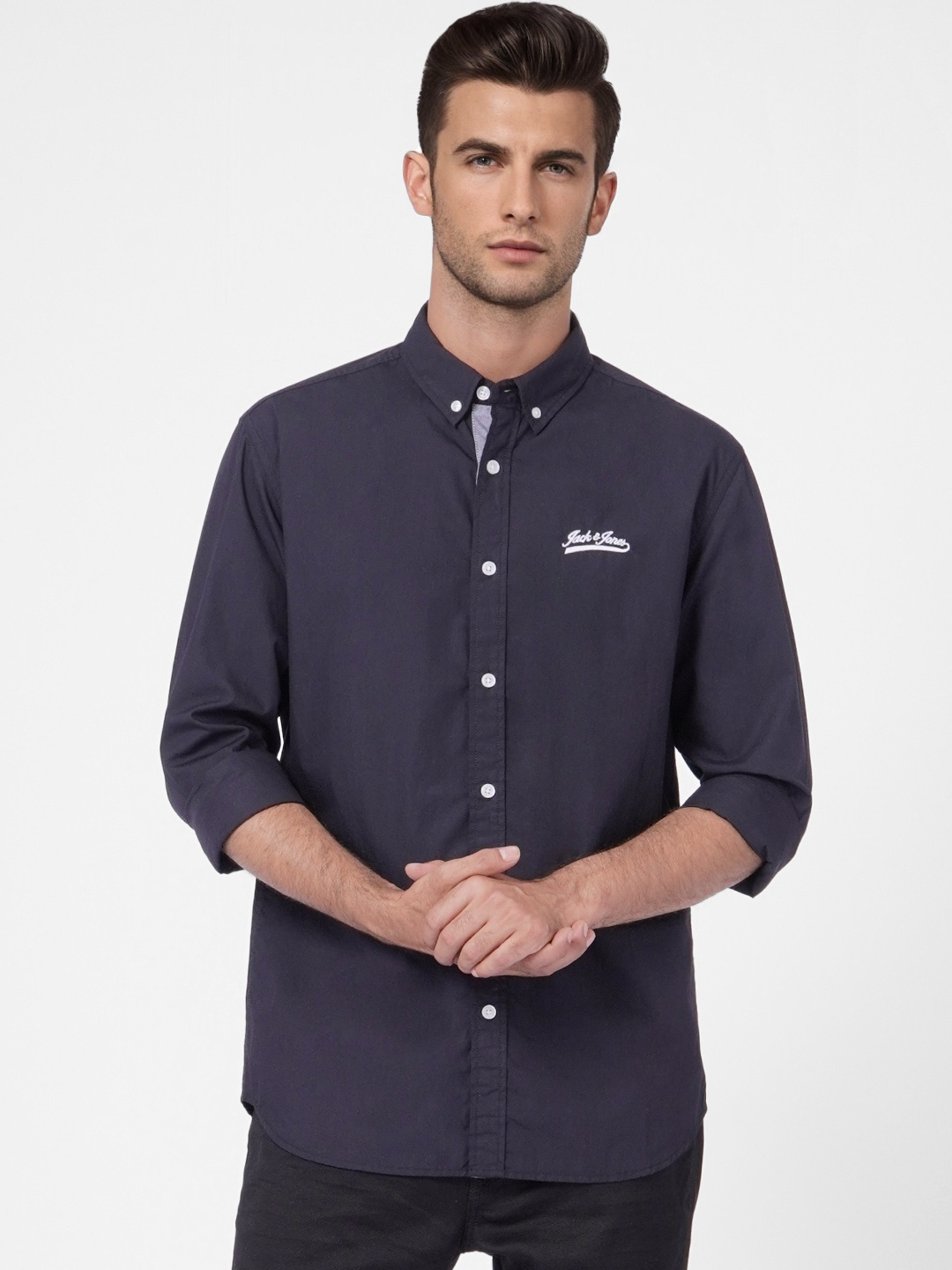 

Jack & Jones Men Black Slim Fit Embroidered Slim Fit Pure Cotton Casual Shirt