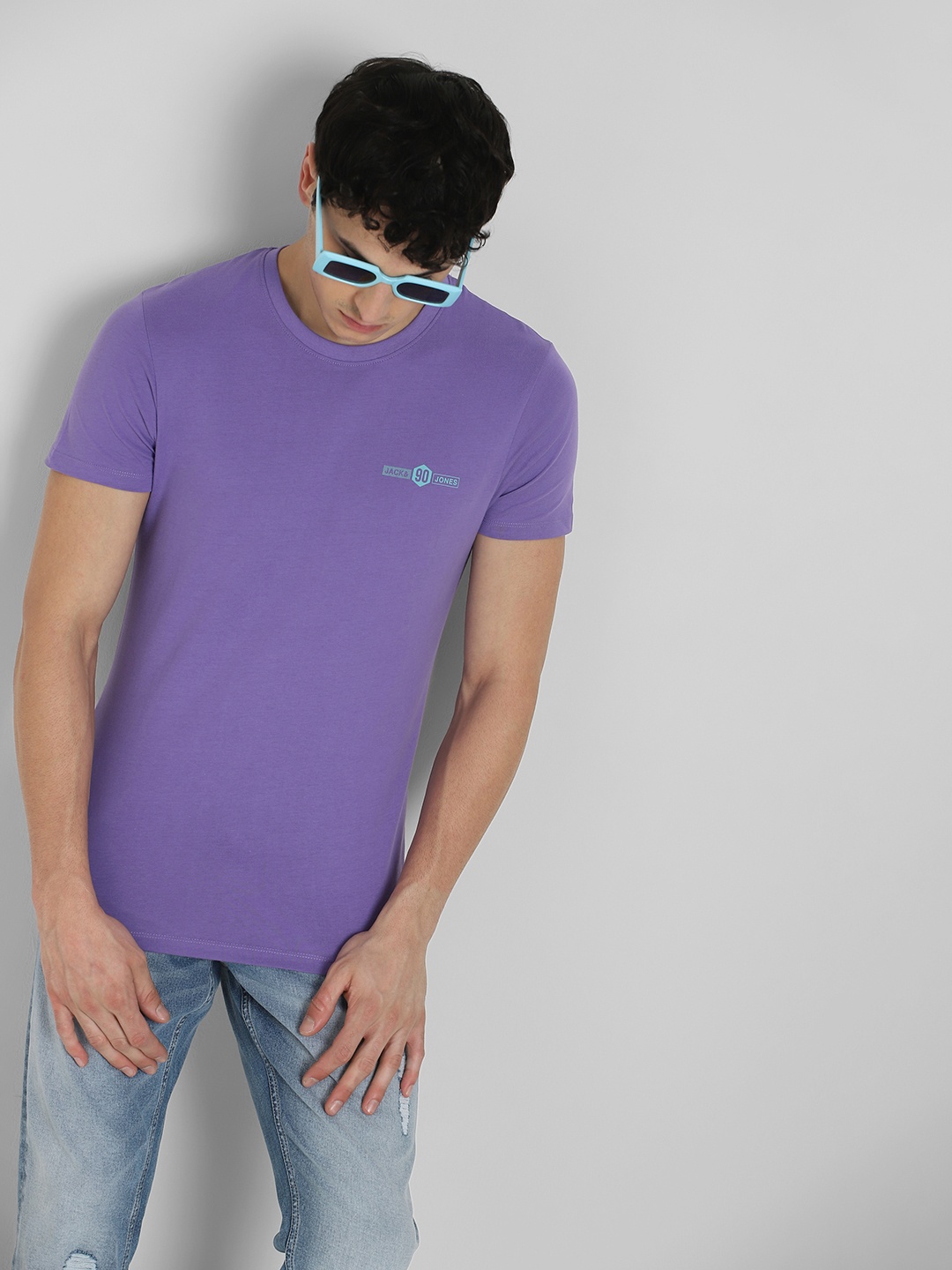 

Jack & Jones Men Purple Printed Detail Pure Cotton T-shirt