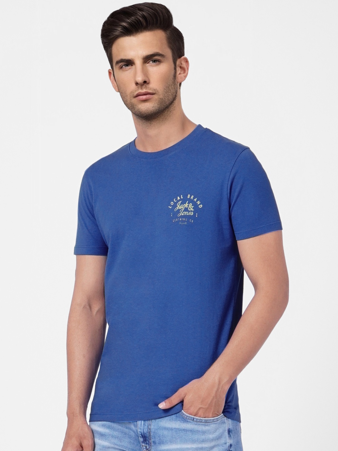 

Jack & Jones Men Blue & Yellow Brand Logo Printed Pure Cotton Slim Fit T-shirt