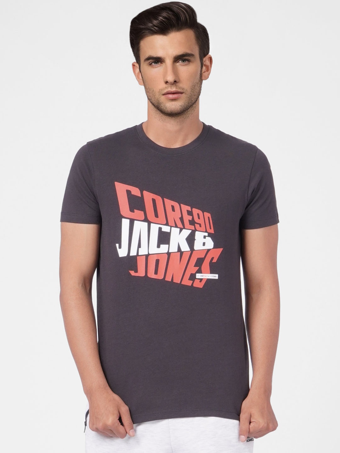 

Jack & Jones Men Black & Red Typography Printed Pure Cotton Slim Fit T-shirt