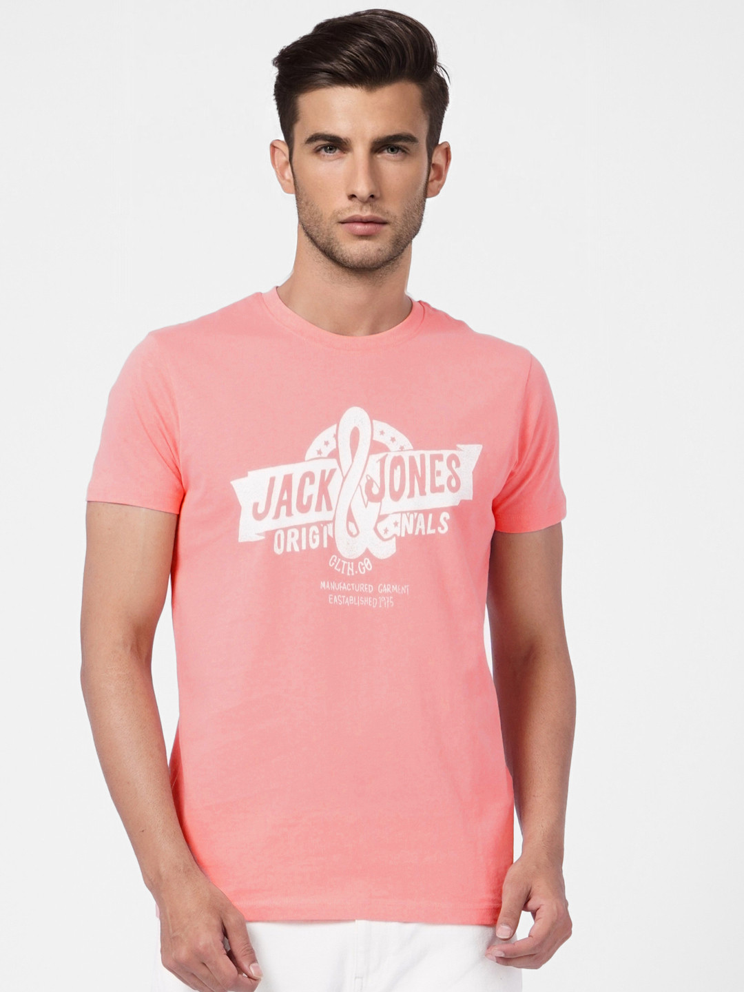 

Jack & Jones Men Pink Graphic Printed Pure Cotton Slim Fit Casual T-shirt