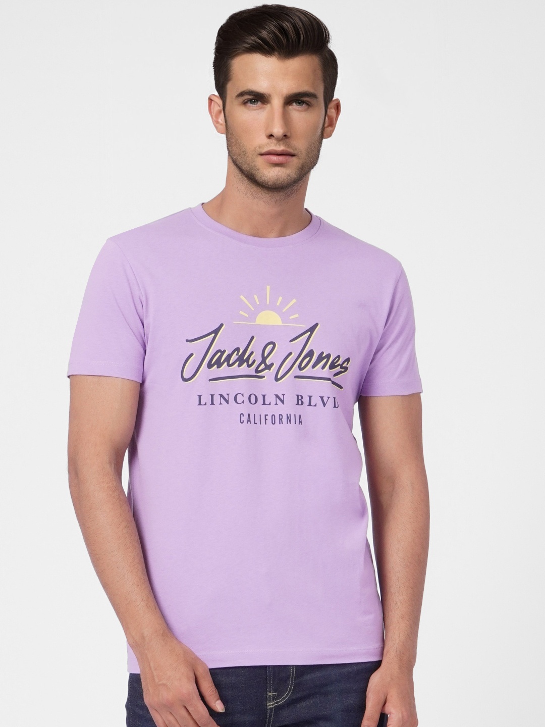 

Jack & Jones Men Lavender & Black Typography Printed Pure Cotton Slim Fit T-shirt