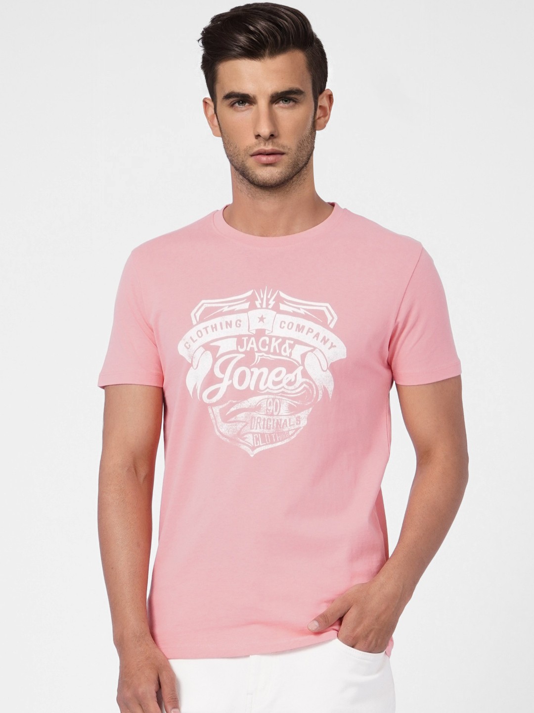 

Jack & Jones Men Pink & White Printed Pure Cotton Slim Fit T-shirt