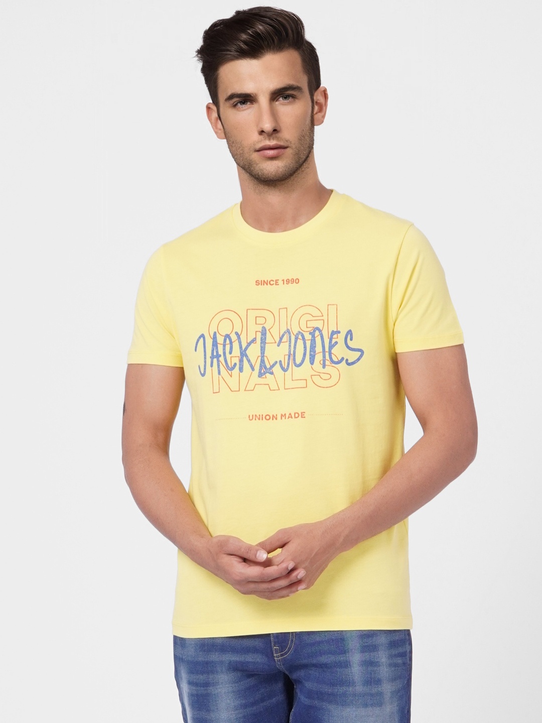 

Jack & Jones Men Yellow & Red Brand Logo Printed Pure Cotton Slim Fit T-shirt