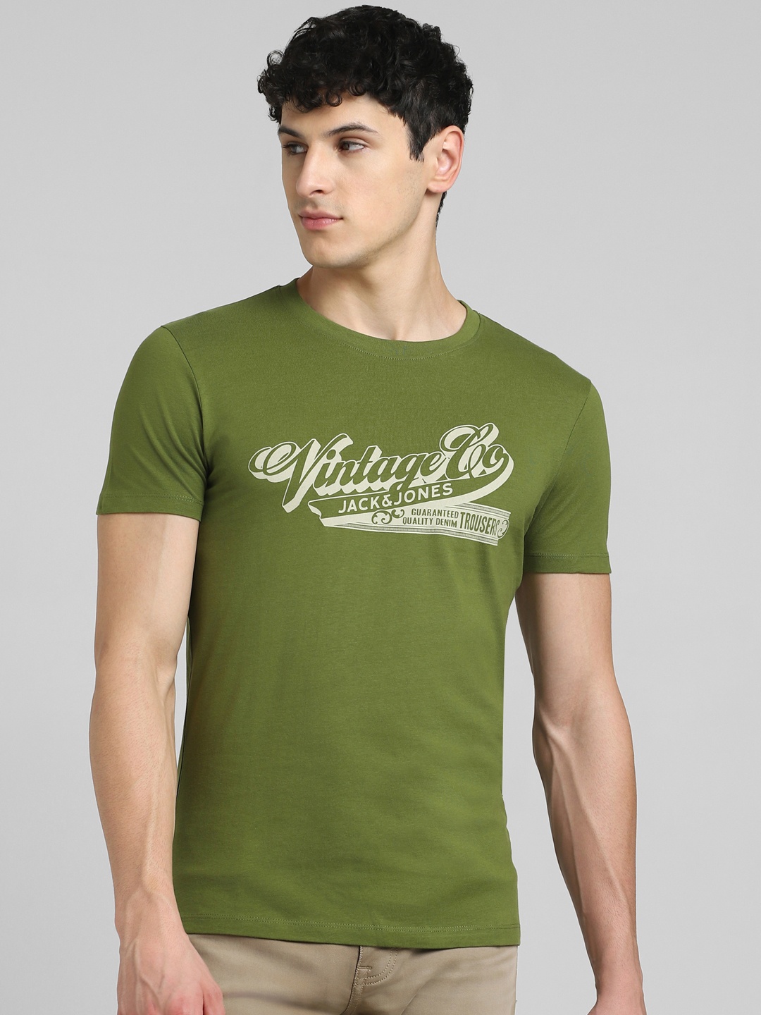 

Jack & Jones Men Green & Beige Printed Slim Fit Pure Cotton T-shirt