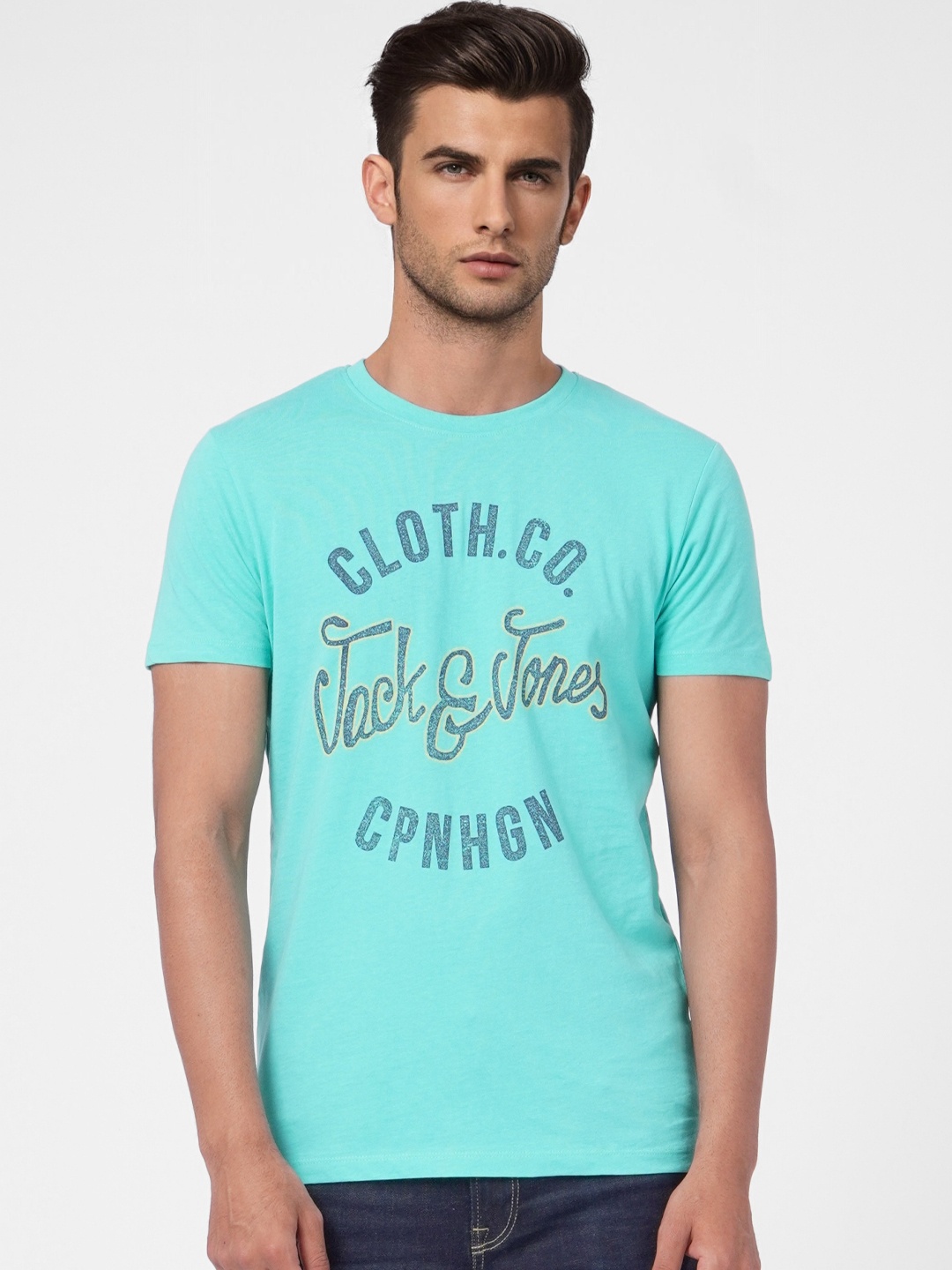 

Jack & Jones Men Sea Green & Multicoloured Typography Printed Slim Fit Casual T-shirt