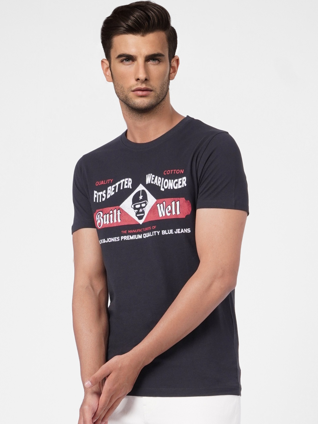 

Jack & Jones Men Black & White Printed Pure Cotton Slim Fit T-shirt