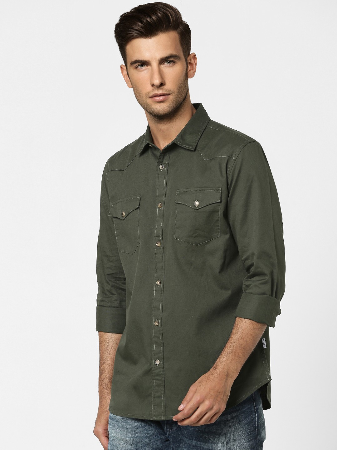 

Jack & Jones Men Olive Green Solid Regular Fit Pure Cotton Casual Shirt