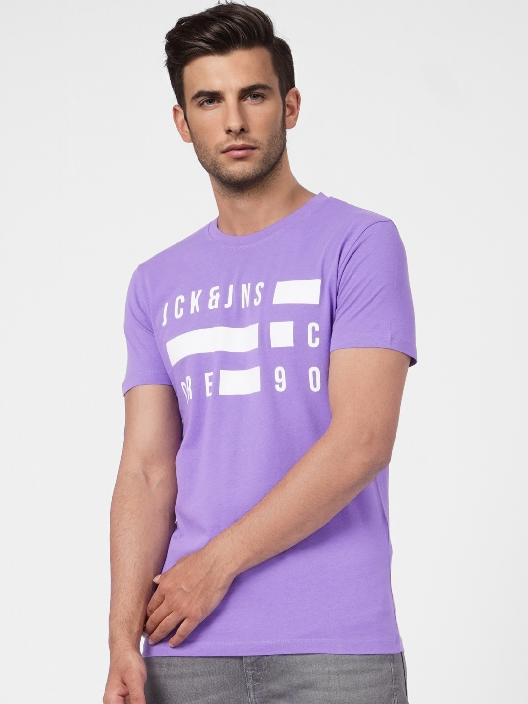 

Jack & Jones Men Purple & White Typography Printed Pure Cotton Slim Fit T-shirt