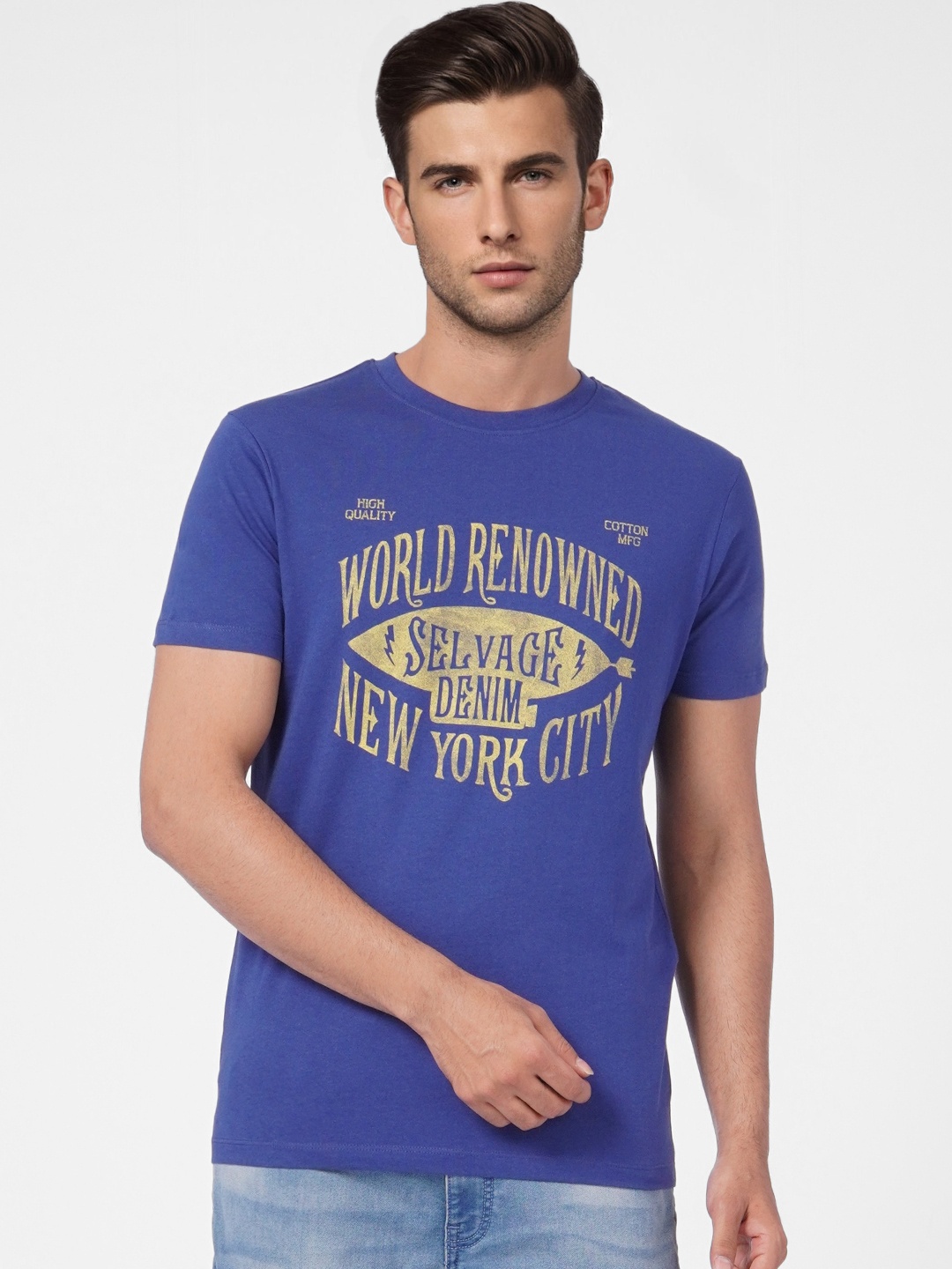 

Jack & Jones Men Navy Blue & Yellow Brand Logo Printed Pure Cotton Slim Fit T-shirt