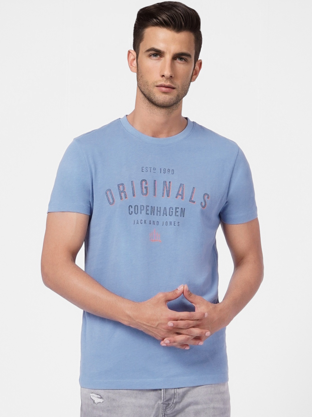 

Jack & Jones Men Blue Typography Printed Pure Cotton Slim Fit Casual T-shirt