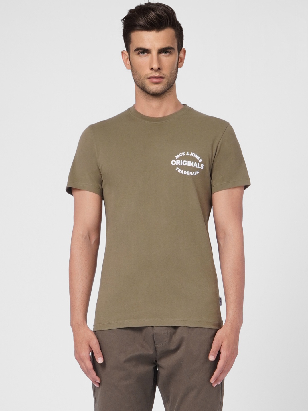 

Jack & Jones Men Green & White Printed Pure Cotton Slim Fit T-shirt