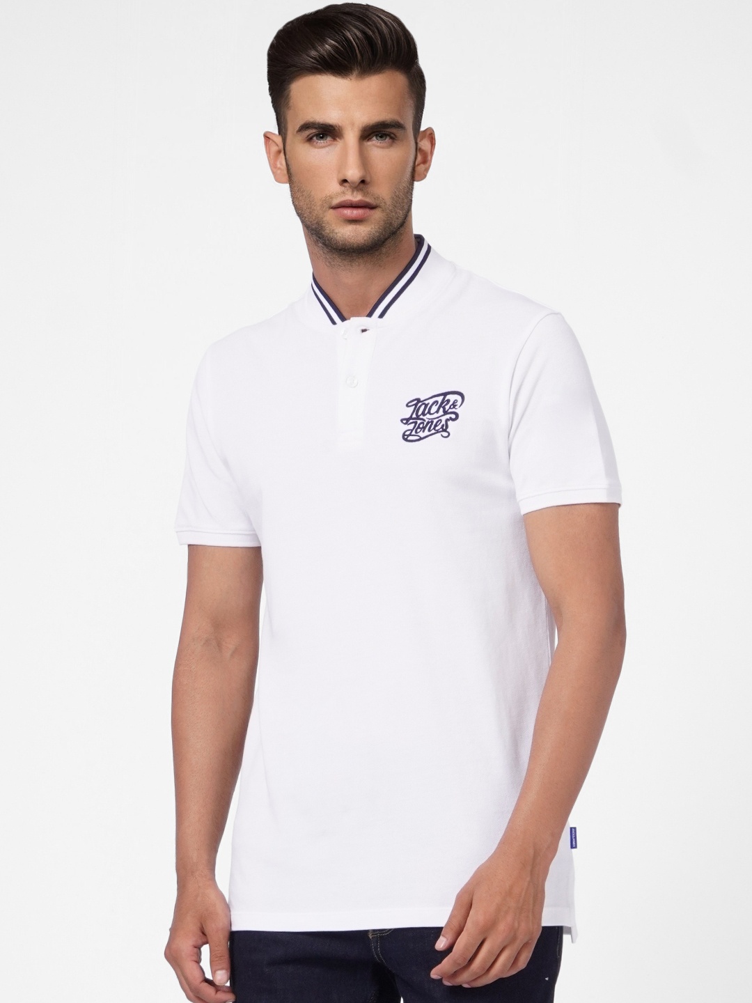 

Jack & Jones Men White Brand Logo Embroidered Polo Collar Pure Cotton Slim Fit T-shirt