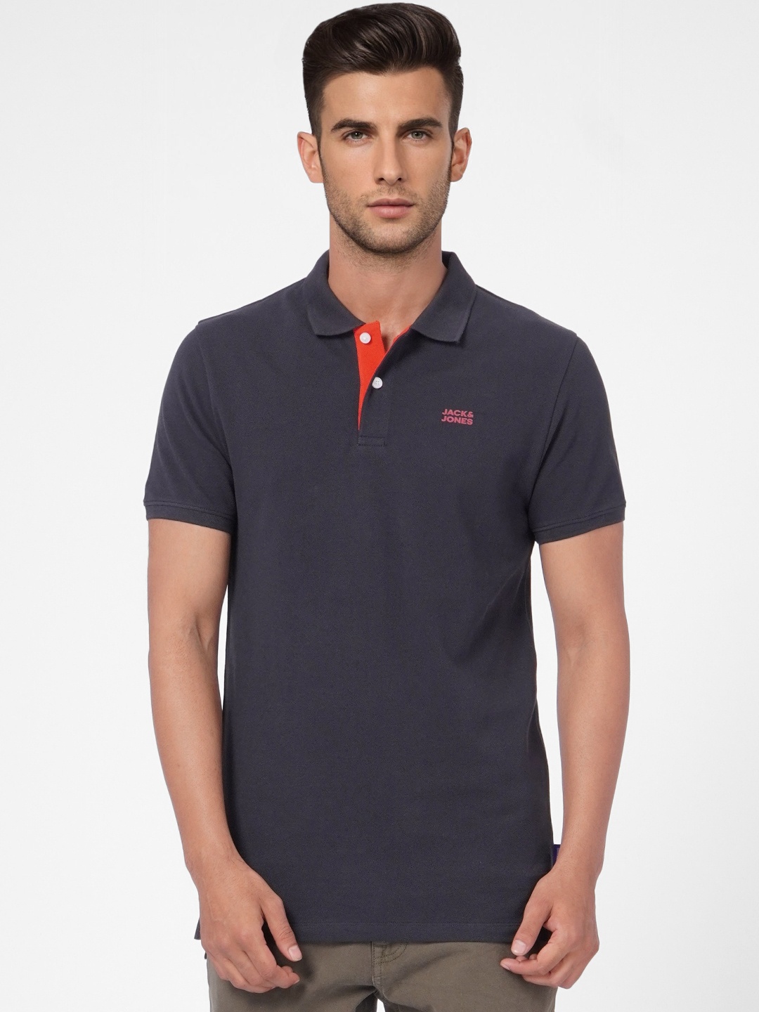 

Jack & Jones Men Charcoal Colourblocked Polo Collar Slim Fit Casual T-shirt