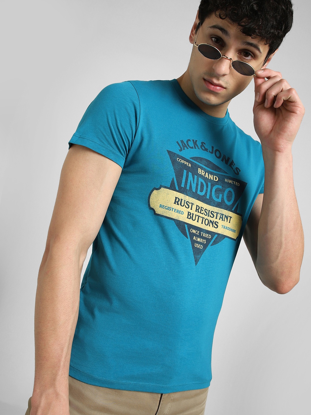 

Jack & Jones Men Teal & Black Brand Logo Printed Pure Cotton Slim Fit T-shirt