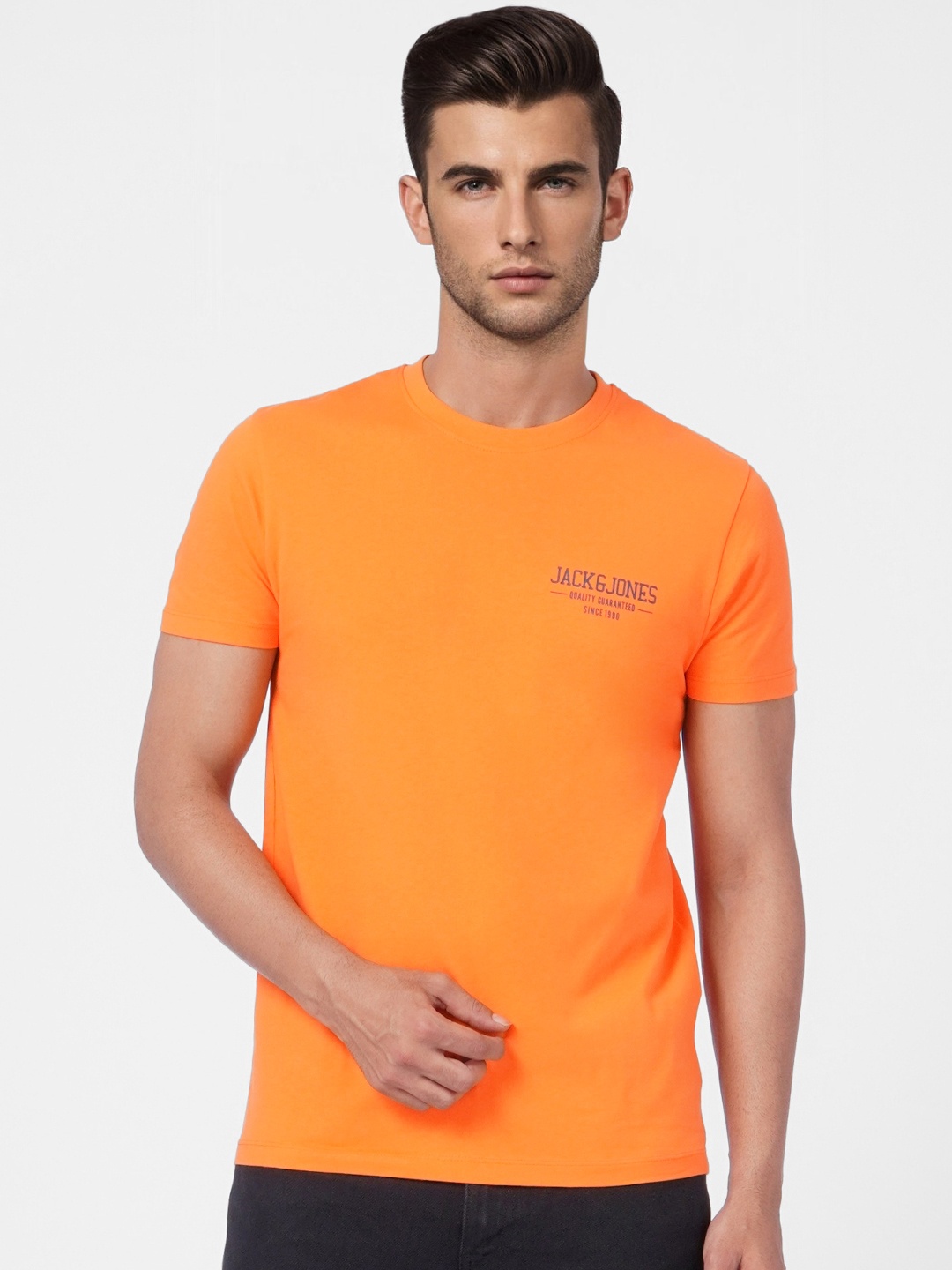 

Jack & Jones Men Orange Typography Printed Slim Fit Pure Cotton Casual T-shirt