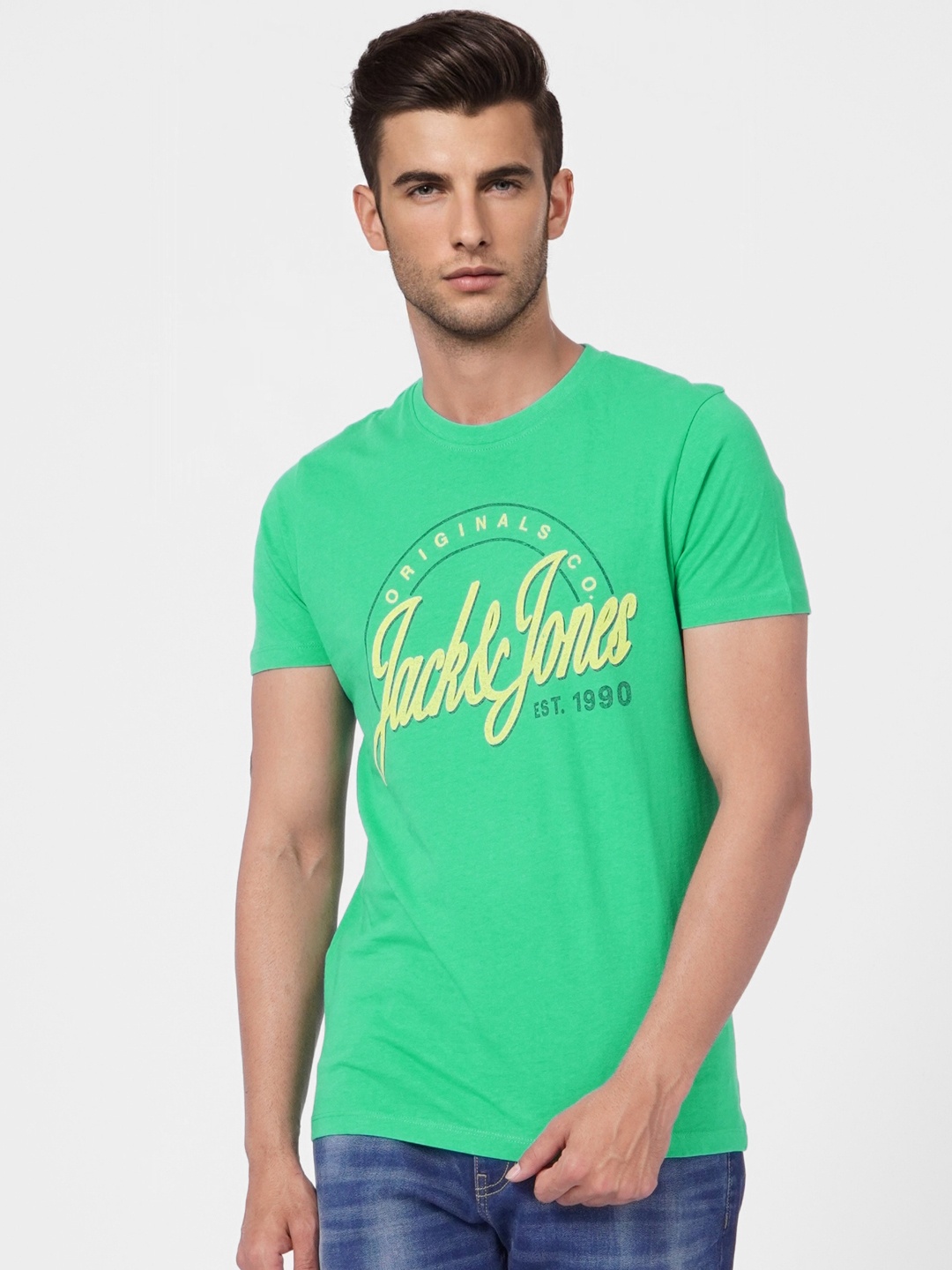 

Jack & Jones Men Green & Yellow Typography Printed Pure Cotton Slim Fit T-shirt