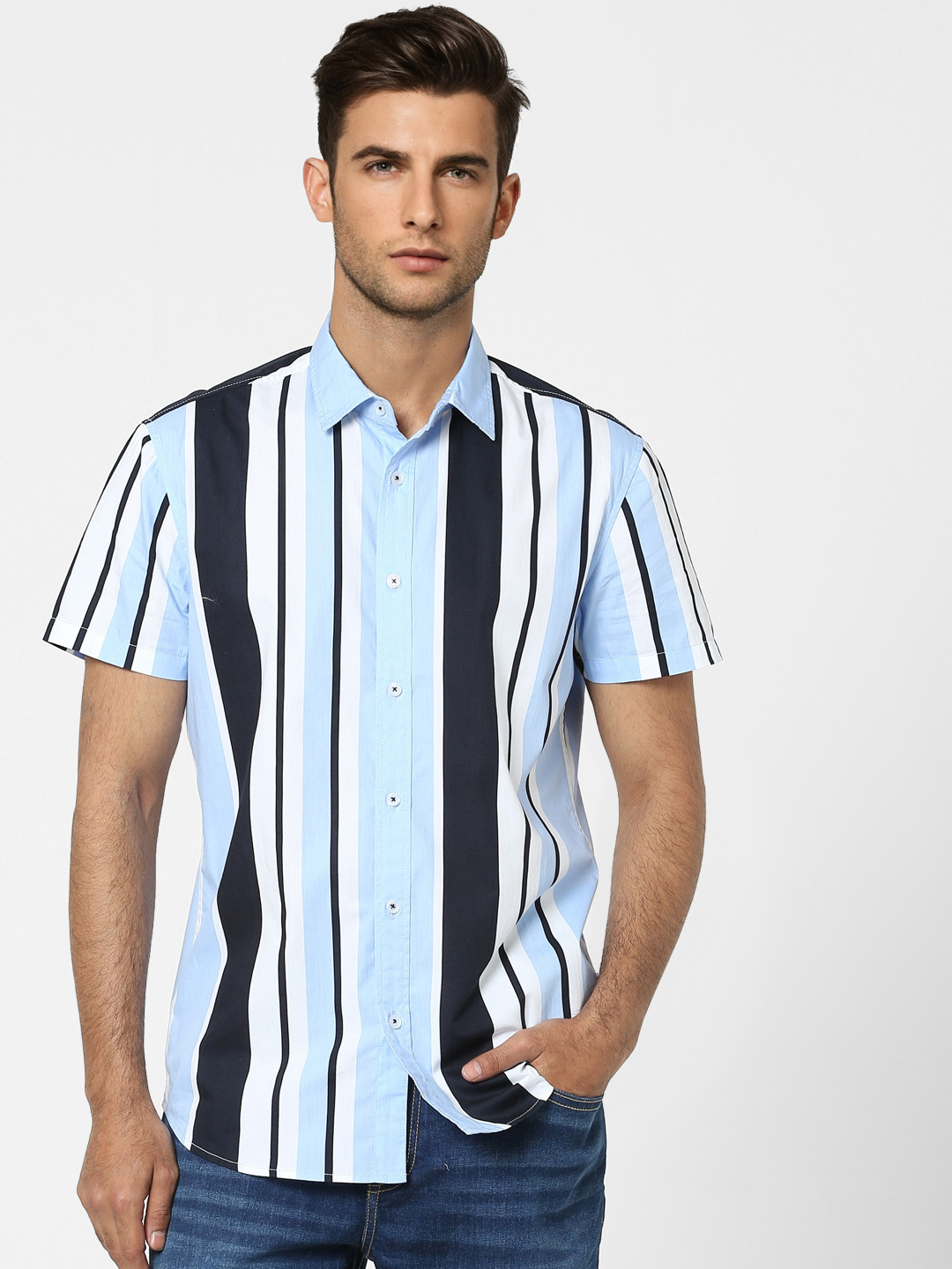 

Jack & Jones Men Blue & Black Multi Stripes Slim Fit Pure Cotton Casual Shirt