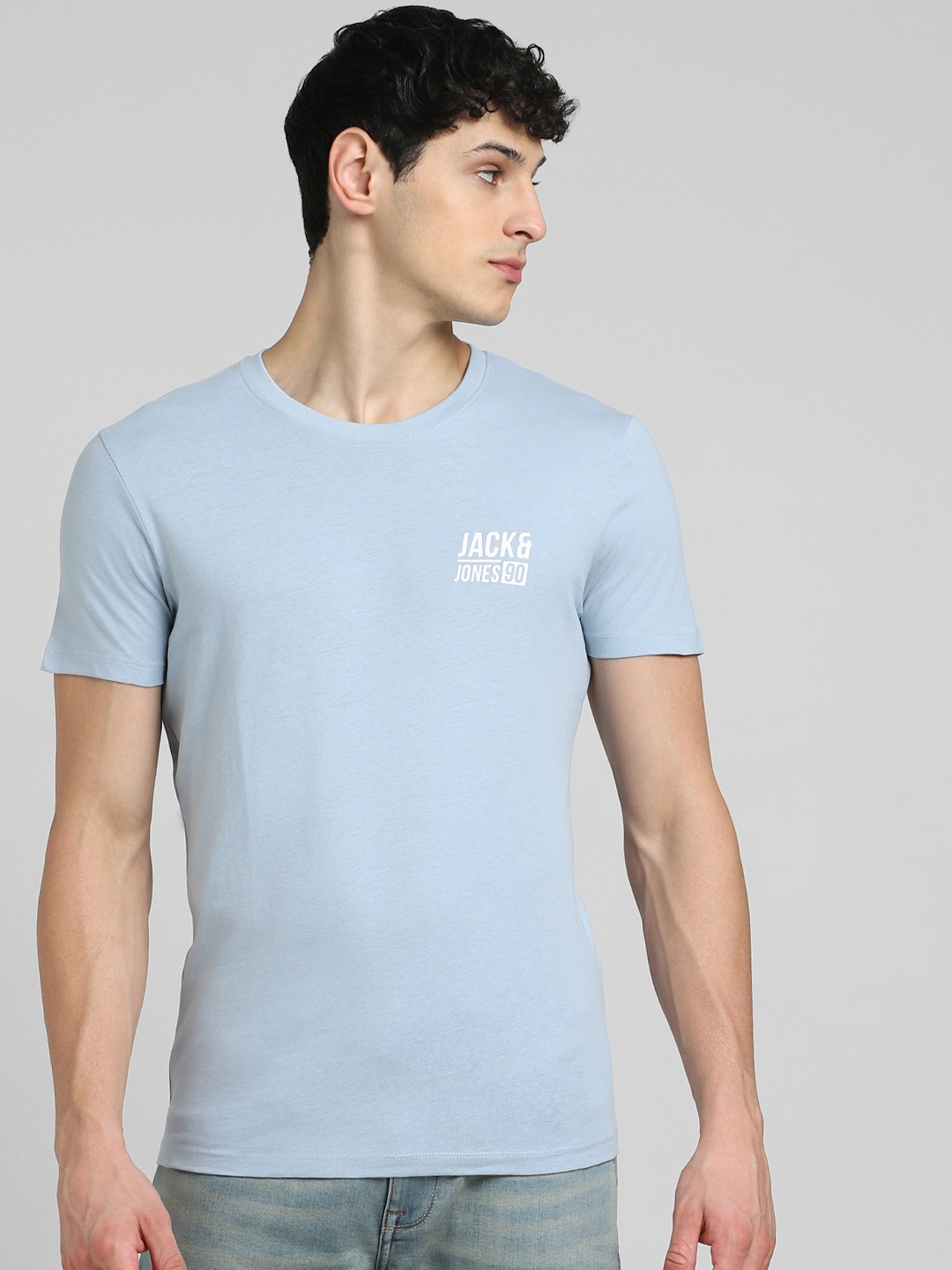 

Jack & Jones Men Light Blue Brand Logo Printed Pure Cotton Slim Fit T-shirt