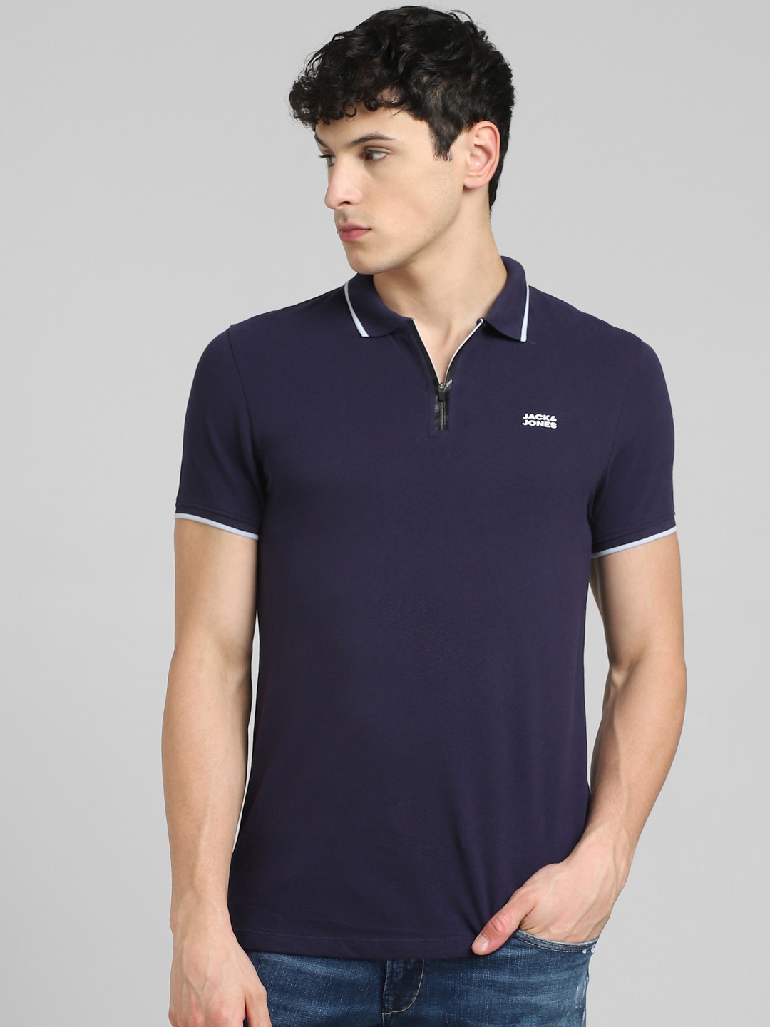 

Jack & Jones Men Blue & White Brand Logo Printed Polo Collar Pure Cotton Slim Fit T-shirt