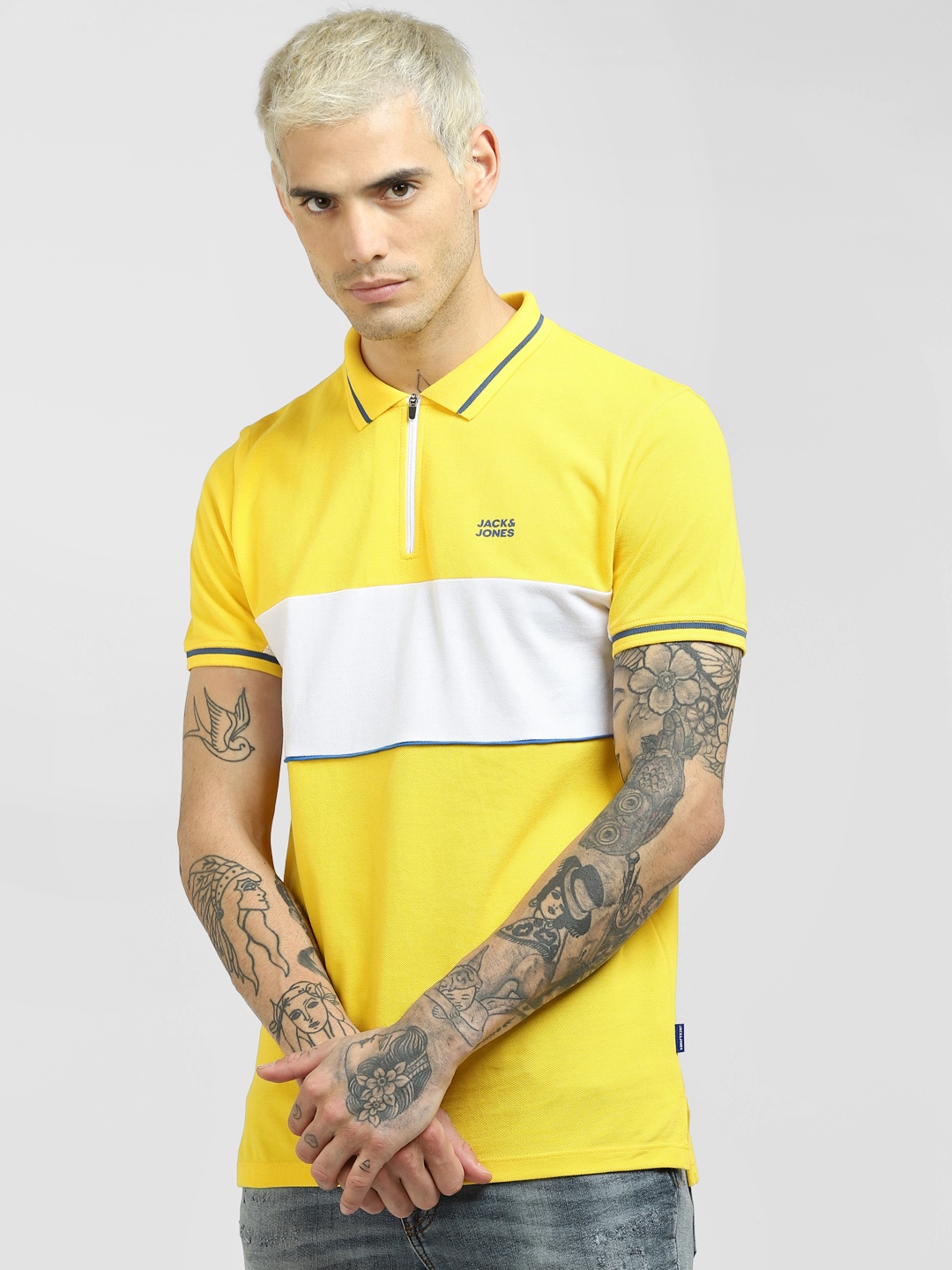 

Jack & Jones Colourblocked Polo Collar Pure Cotton Slim Fit T-shirt, Yellow