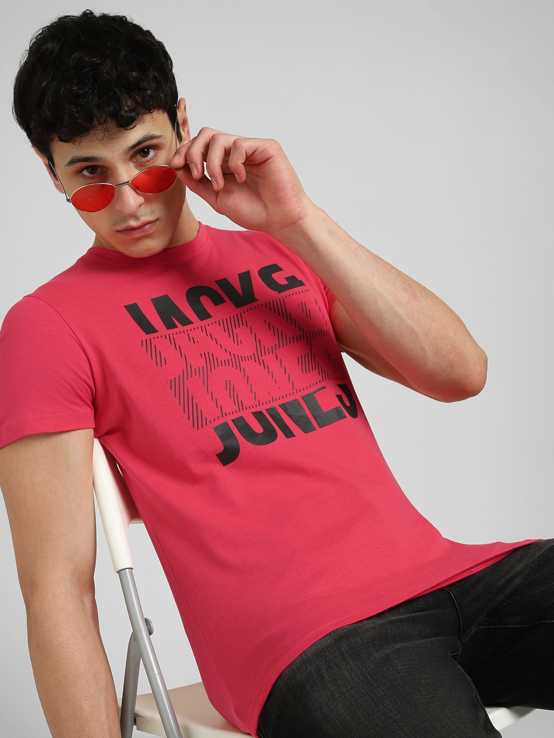 

Jack & Jones Men Pink Brand Logo Printed Pure Cotton T-shirt