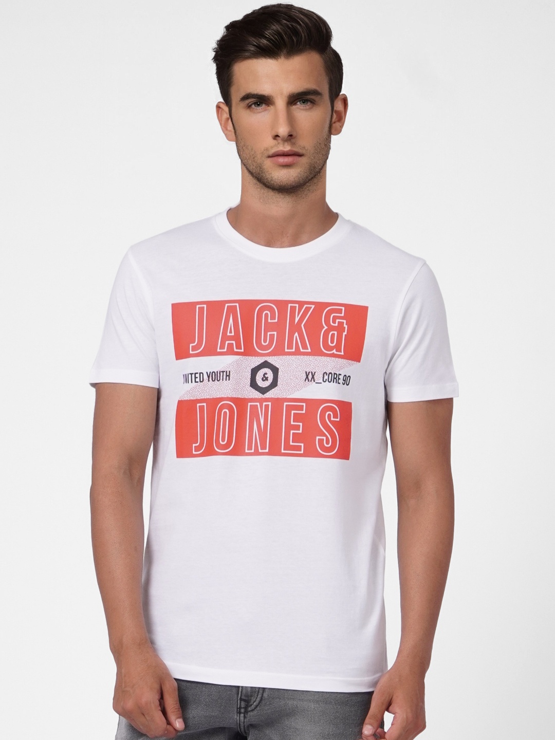 

Jack & Jones Men White Brand Logo Printed Pure Cotton T-shirt