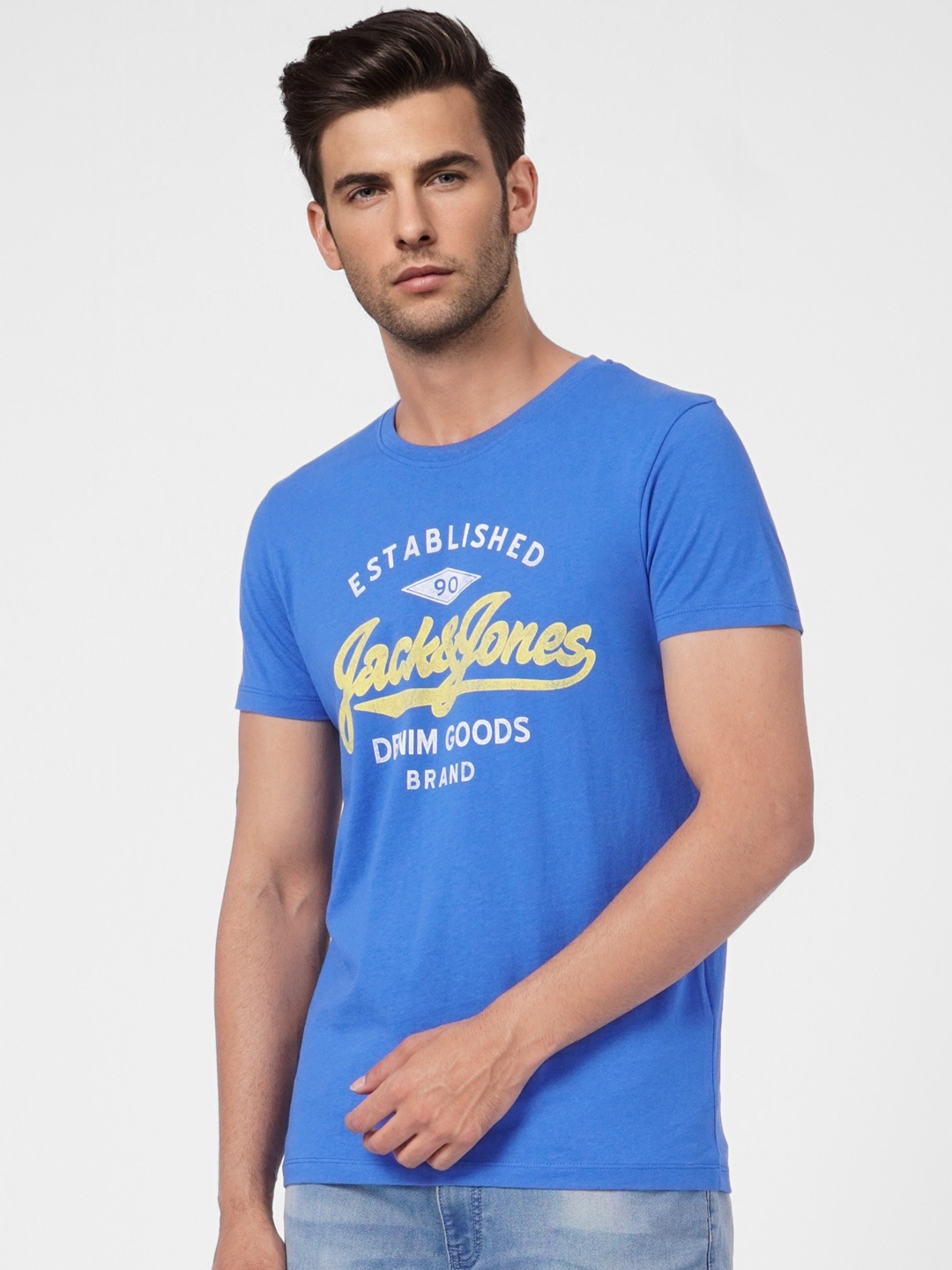 

Jack & Jones Men Blue Typography Printed Slim Fit Pure Cotton Casual T-shirt