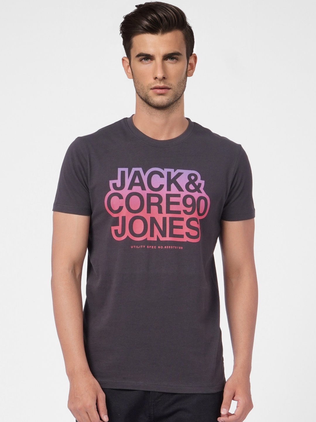 

Jack & Jones Men Black Typography Printed Pure Cotton Slim Fit Casual T-shirt