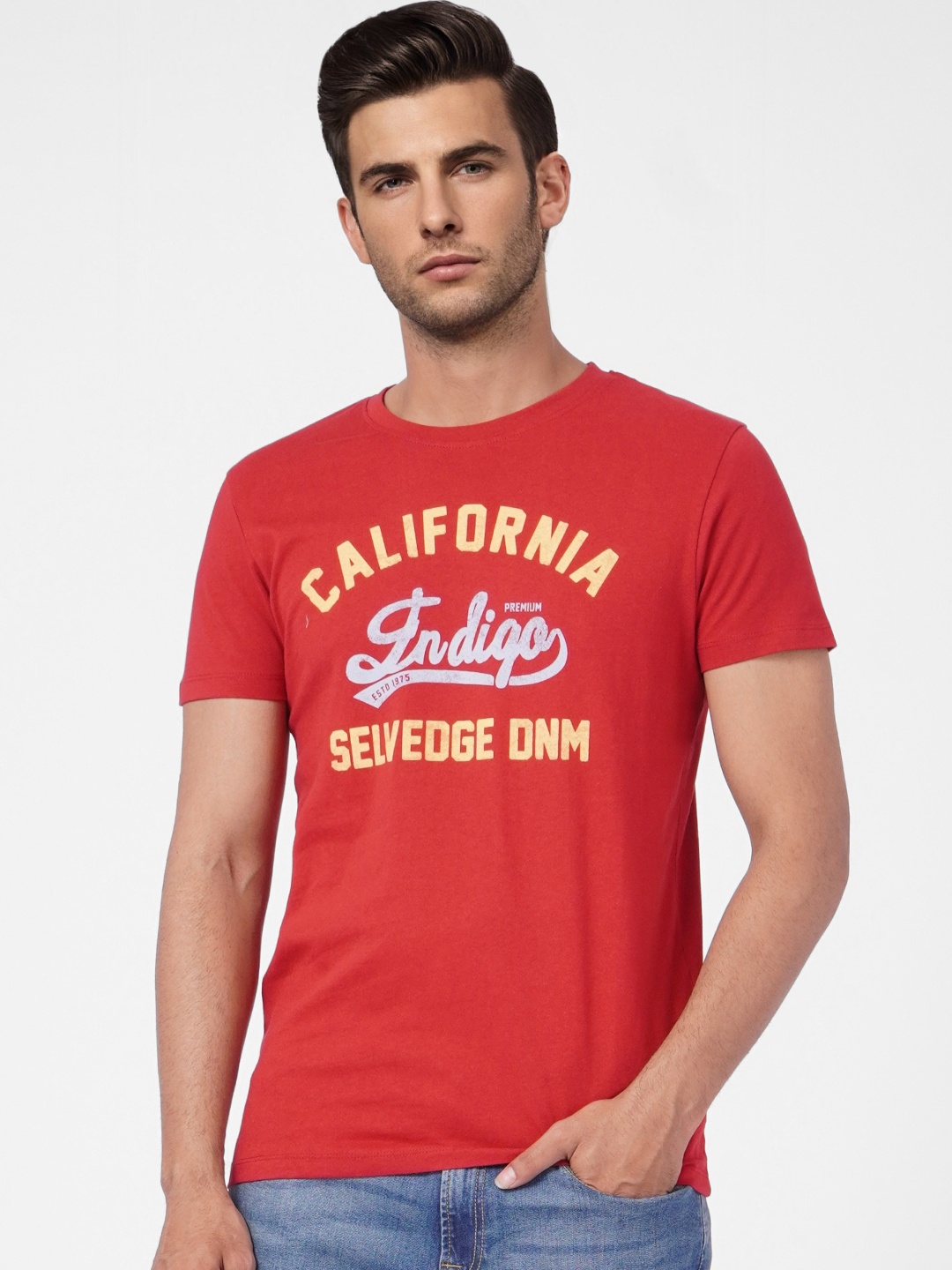 

Jack & Jones Men Red & Yellow Printed Pure Cotton Slim Fit T-shirt