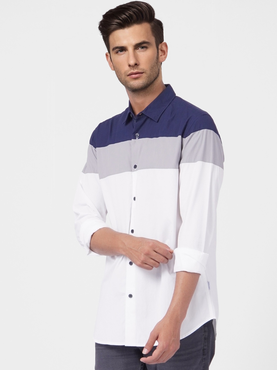 

Jack & Jones Men White Slim Fit Colourblocked Pure Cotton Casual Shirt