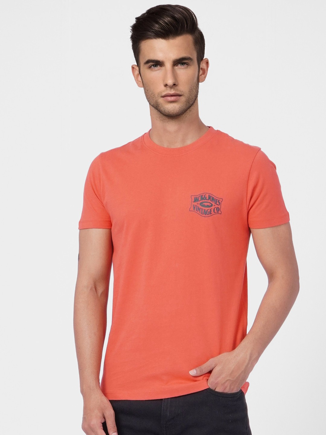 

Jack & Jones Men Red & Black Brand Logo Printed Pure Cotton Slim Fit T-shirt