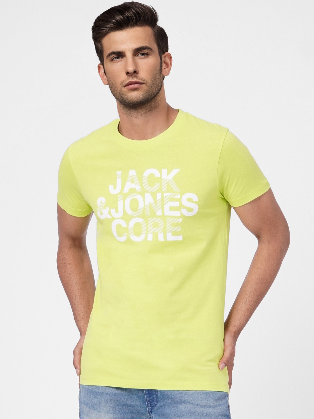 

Jack & Jones Men Lime Green & White Typography Printed Pure Cotton Slim Fit T-shirt