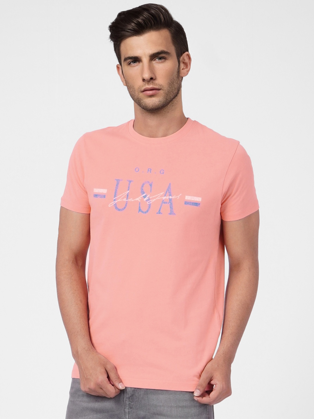

Jack & Jones Men Pink & Blue Typography Printed Pure Cotton Slim Fit T-shirt