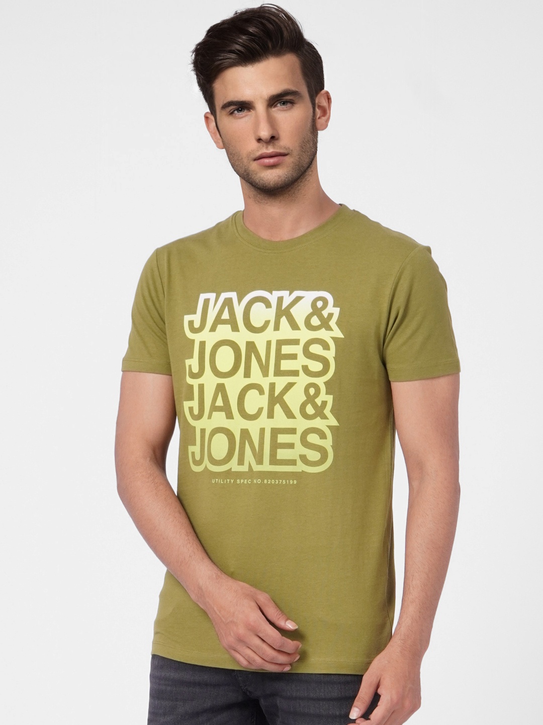 

Jack & Jones Men Olive Green Typography Printed Pure Cotton Slim Fit T-shirt