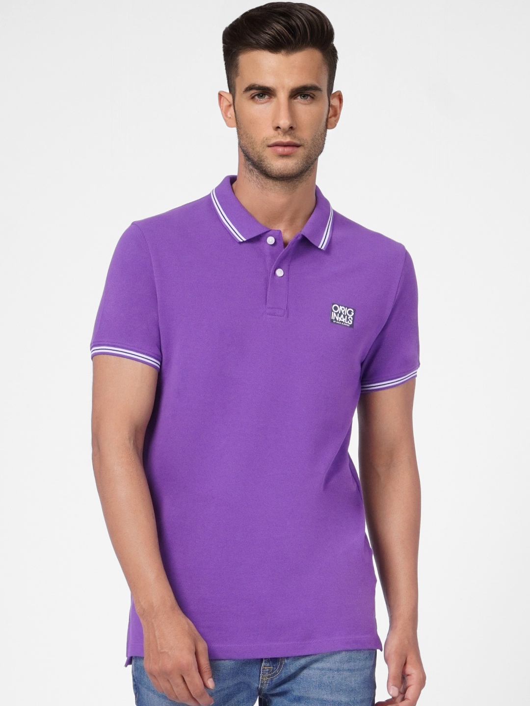 

Jack & Jones Men Purple Solid Pure Cotton Slim Fit T-shirt