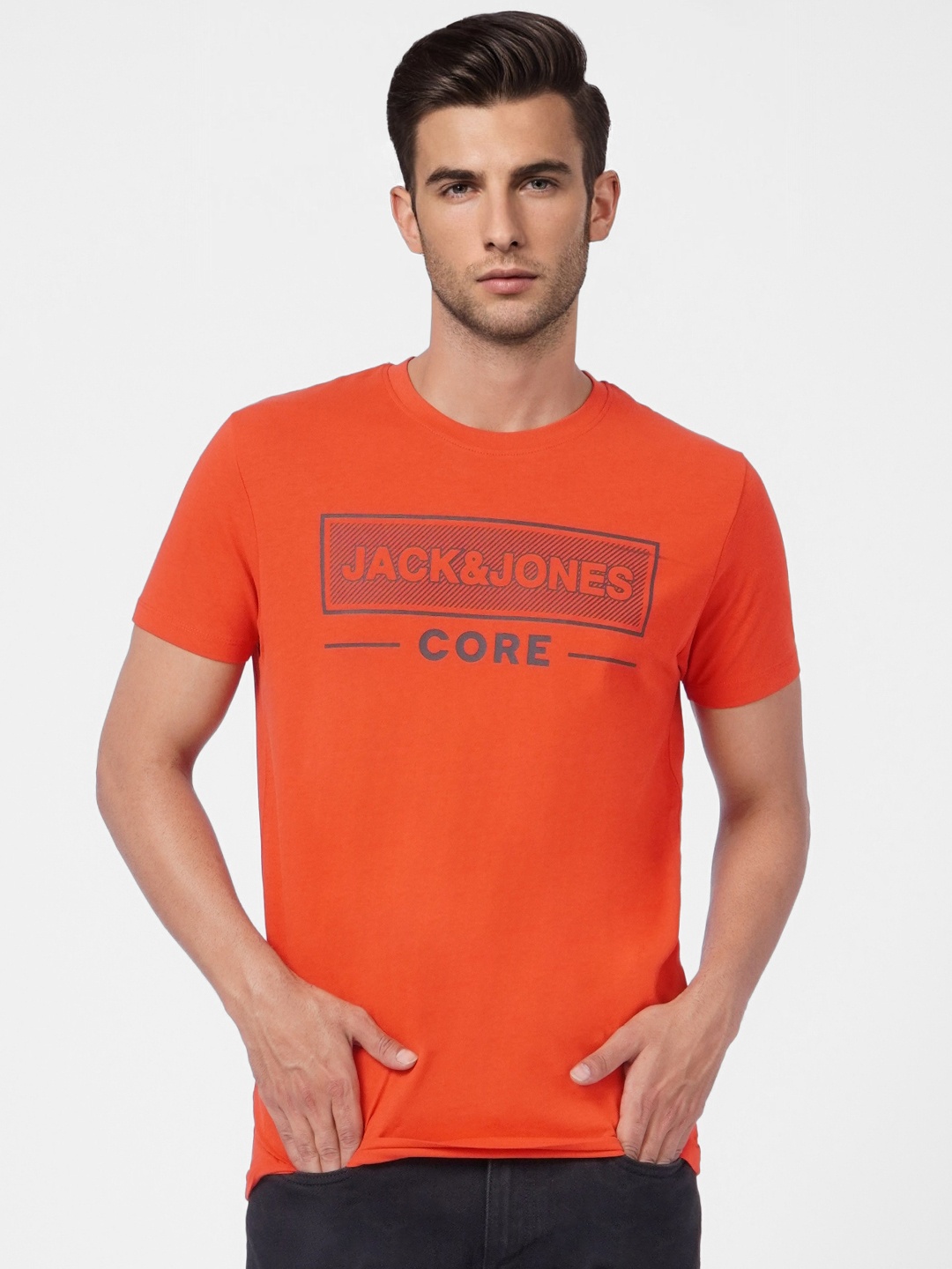 

Jack & Jones Men Red & Black Typography Printed Slim Fit Pure Cotton Casual T-shirt