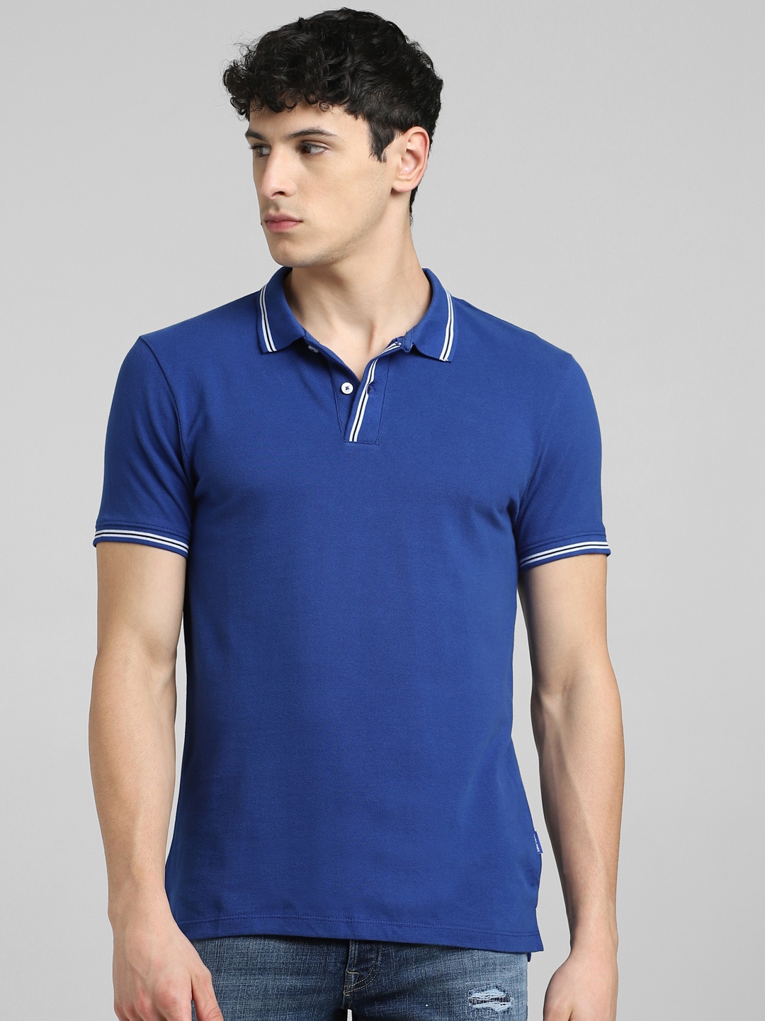 

Jack & Jones Men Blue Solid Polo Collar Pure Cotton T-shirt