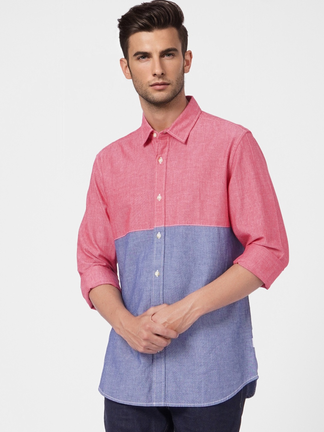 

Jack & Jones Men Coral Red & Blue Colourblocked Slim Fit Pure Cotton Casual Shirt