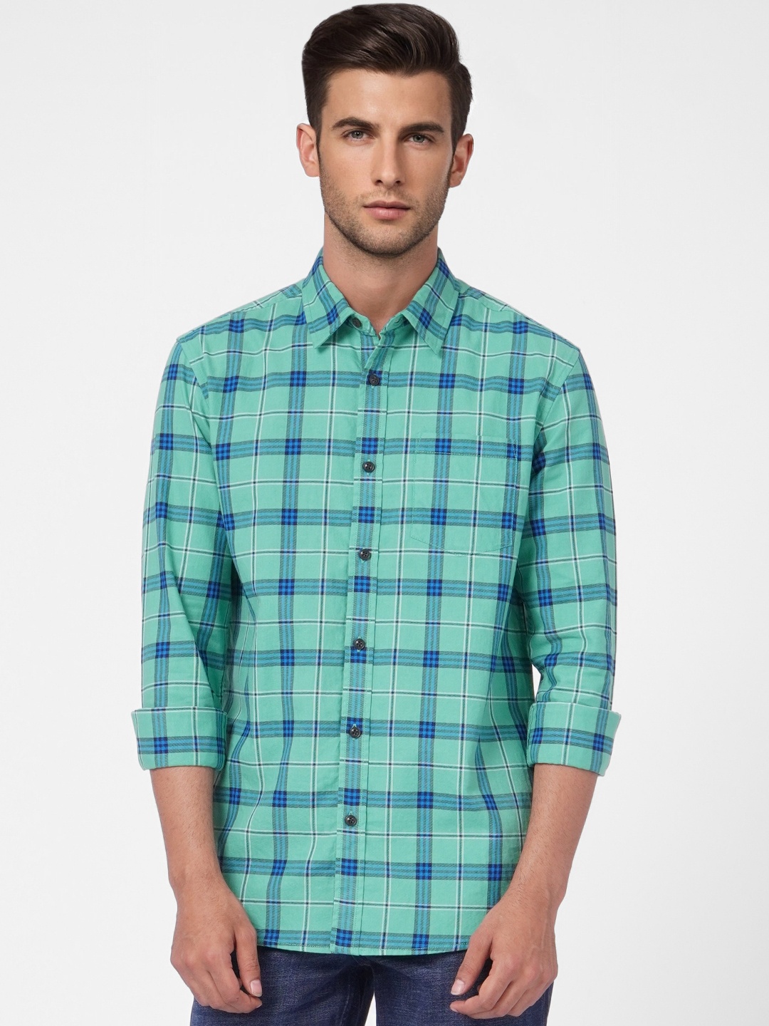 

Jack & Jones Men Green And Blue Checked Pure Cotton Casual Shirt
