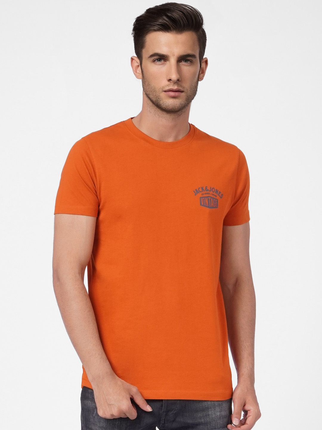 

Jack & Jones Men Orange & Grey Brand Logo Printed Pure Cotton Slim Fit T-shirt