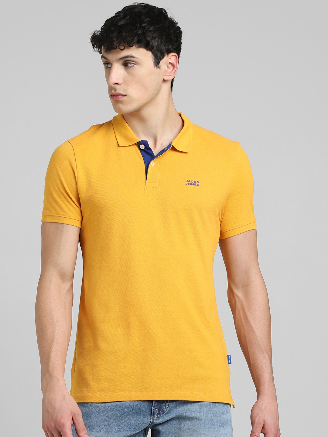 

Jack & Jones Men Yellow Slim Fit Pure Cotton Polo Collar T-shirt
