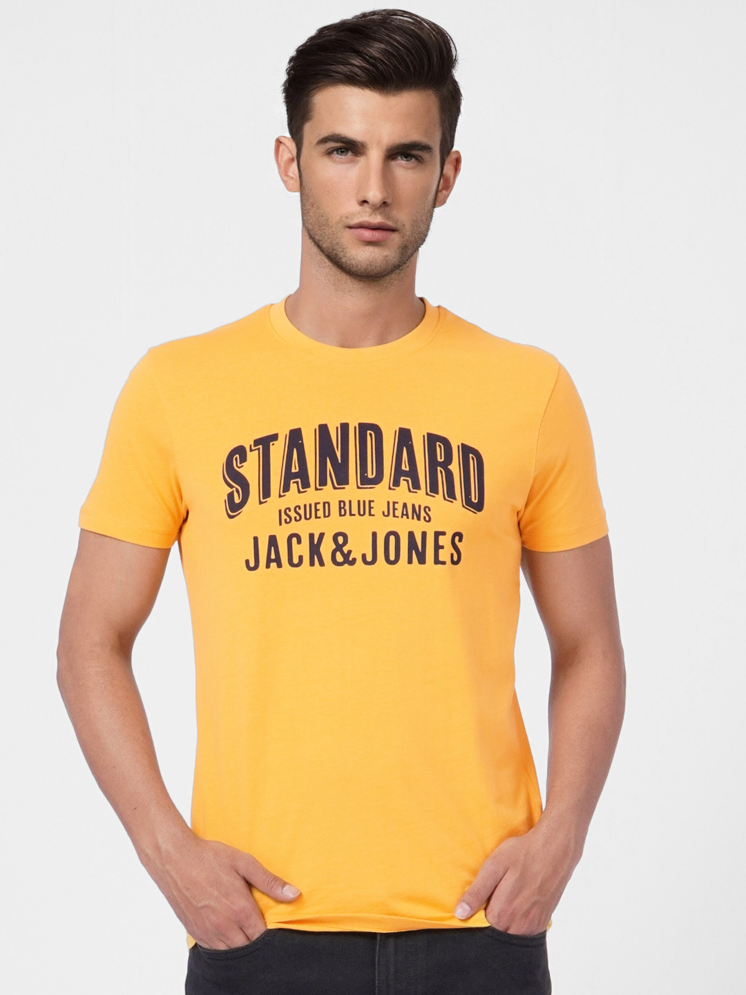 

Jack & Jones Men Mustard Yellow Printed Slim Fit Pure Cotton Casual T-shirt