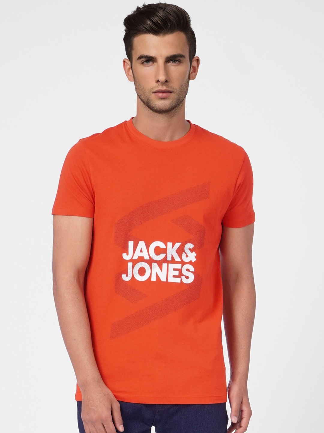 

Jack & Jones Men Red & White Brand Logo Printed Pure Cotton Slim Fit T-shirt