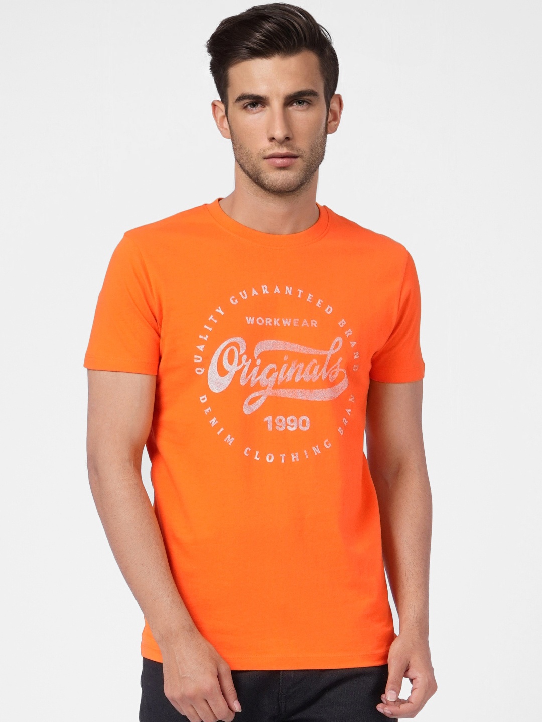 Jack & Jones Men Orange & White Printed Slim Fit Pure Cotton T-shirt